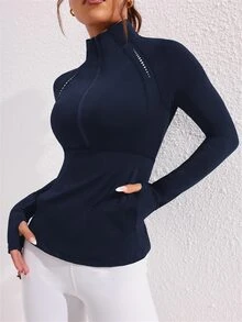 Exploreva Exploreva 女士极简波点印花半拉链立领袋鼠口袋修身运动卫衣 - 藏蓝色 - 查看 4
