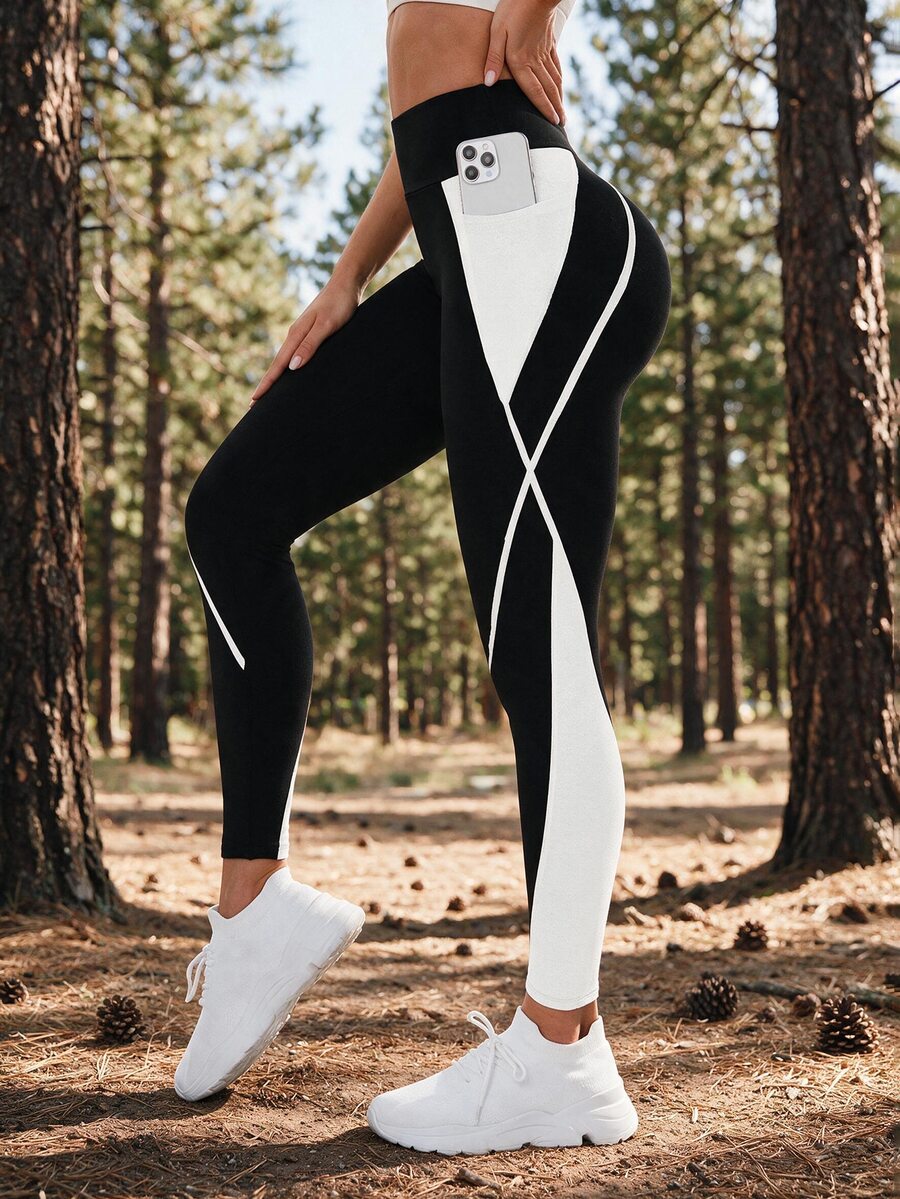 Exploreva Exploreva Women's Contrast Color Pocket Sports Leggings - Multicolor - View 1