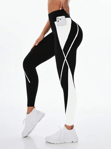 Exploreva Exploreva Women's Contrast Color Pocket Sports Leggings - Multicolor - View 2