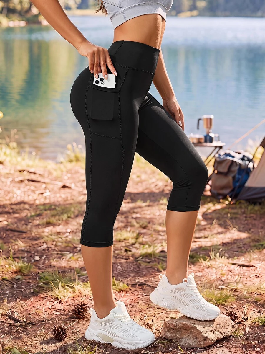Exploreva Exploreva Wide Waistband Sports Leggings With Phone Pocket Yoga Women Pants - Black - View 1