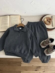 SHEIN 兒童 2件組小男孩休閒套裝－立領套頭連帽衛衣與保暖內裡秋季長褲，適合冬季、學校、返校穿著，舒適套裝 - 彩色 - 查看 3