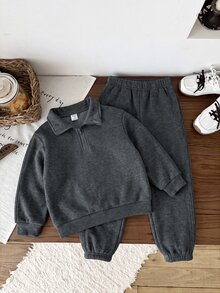 SHEIN 兒童 2件組小男孩休閒套裝－立領套頭連帽衛衣與保暖內裡秋季長褲，適合冬季、學校、返校穿著，舒適套裝 - 彩色 - 查看 4