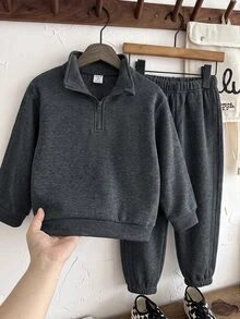 SHEIN 兒童 2件組小男孩休閒套裝－立領套頭連帽衛衣與保暖內裡秋季長褲，適合冬季、學校、返校穿著，舒適套裝 - 彩色 - 查看 6
