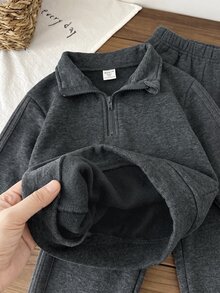 SHEIN 兒童 2件組小男孩休閒套裝－立領套頭連帽衛衣與保暖內裡秋季長褲，適合冬季、學校、返校穿著，舒適套裝 - 彩色 - 查看 7