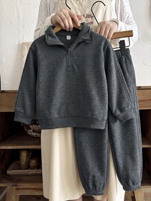 SHEIN 兒童 2件組小男孩休閒套裝－立領套頭連帽衛衣與保暖內裡秋季長褲，適合冬季、學校、返校穿著，舒適套裝 - 彩色 - 查看 5
