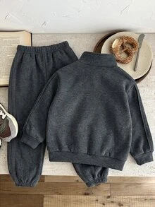 SHEIN 兒童 2件組小男孩休閒套裝－立領套頭連帽衛衣與保暖內裡秋季長褲，適合冬季、學校、返校穿著，舒適套裝 - 彩色 - 查看 2