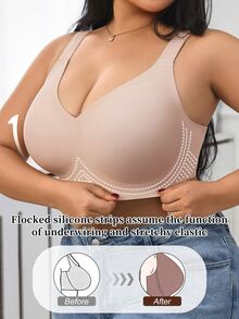 1pc Women's Minimalist Comfortable Solid Color Jelly Gel Supportive Non-Removable Cup Wireless Plus Size Deep V-Neck Bra Wedding - Dusty Pink - View 3