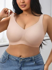 1pc Women's Minimalist Comfortable Solid Color Jelly Gel Supportive Non-Removable Cup Wireless Plus Size Deep V-Neck Bra Wedding - Dusty Pink - View 8