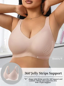 1pc Women's Minimalist Comfortable Solid Color Jelly Gel Supportive Non-Removable Cup Wireless Plus Size Deep V-Neck Bra Wedding - Dusty Pink - View 4