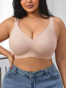 1pc Women's Minimalist Comfortable Solid Color Jelly Gel Supportive Non-Removable Cup Wireless Plus Size Deep V-Neck Bra Wedding - Dusty Pink - View 6