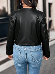 SHEIN Clasi CURVE Plus Size Women's Spring/Autumn Fashion Casual Versatile Ruched PU Leather Fabric Short Jacket - Black - View 3