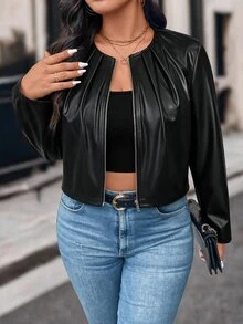 SHEIN Clasi CURVE Plus Size Women's Spring/Autumn Fashion Casual Versatile Ruched PU Leather Fabric Short Jacket - Black - View 6