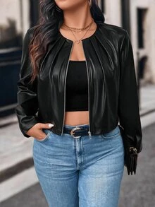 SHEIN Clasi CURVE Plus Size Women's Spring/Autumn Fashion Casual Versatile Ruched PU Leather Fabric Short Jacket - Black - View 1