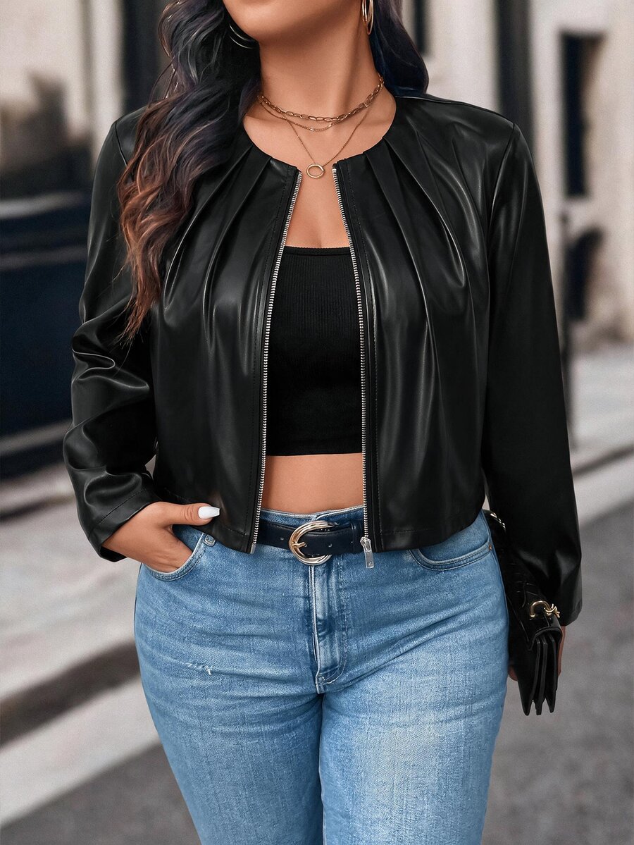 SHEIN Clasi CURVE Plus Size Women's Spring/Autumn Fashion Casual Versatile Ruched PU Leather Fabric Short Jacket - Black - View 1