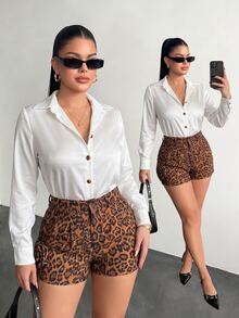 SHEIN White Long Sleeve Shirt Collar Casual Blouse And Leopard Print Short Shorts Women's 2-Piece Set - Multicolor - View 5
