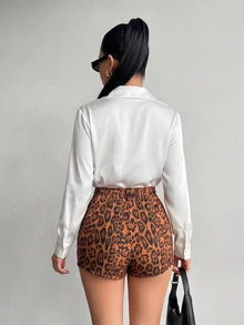 SHEIN White Long Sleeve Shirt Collar Casual Blouse And Leopard Print Short Shorts Women's 2-Piece Set - Multicolor - View 2