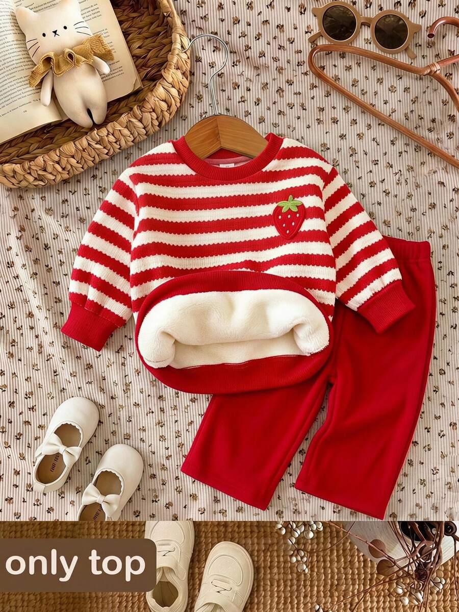 SHEIN 女嬰幼兒女款套頭運動衫,可愛甜美紅白條紋草莓刺繡長袖加厚毛絨,適合生日派對、冬季聖誕 - 紅白色 - 查看 1