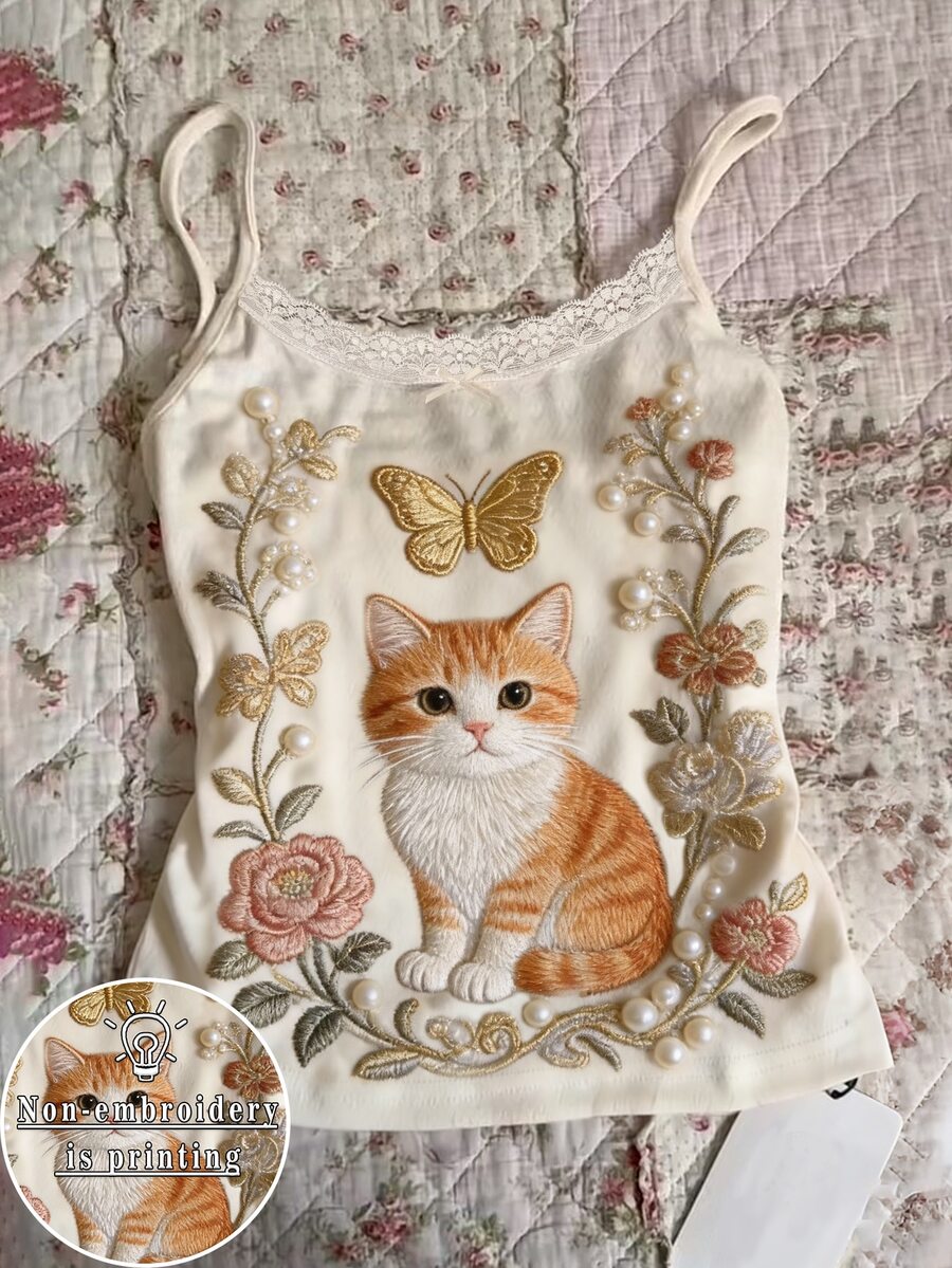 IslaSuriya 女士优雅花卉猫咪印花蕾丝拼接吊带背心 - 彩色 - 查看 1