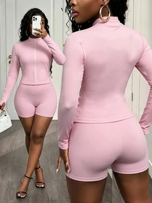 SHEIN Sovereign Charm Women's Plus Size Slim Fit Jacket & Shorts Sports Set - Pink - View 2