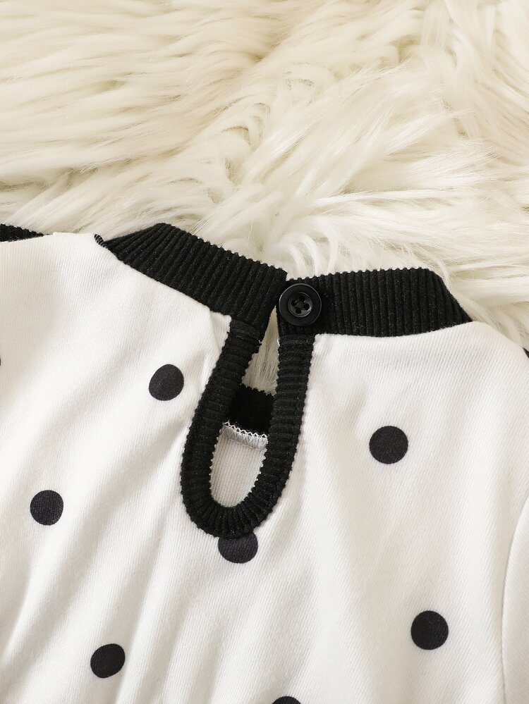 SHEIN 1pc Baby Girl Newborn Polka Dot Tutu Dress Cute Sweet White Black Bow Flutter Long Sleeve Crewneck Birthday Party Fall Princess Girly Flare A-Line - Black and White - View 11