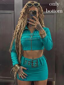 Amplova Women's Ultra Low Waist Velvet Mini Skirt With Eyelet And Buckle Clubbing Night Teal Summer Sexy - Blue - View 1