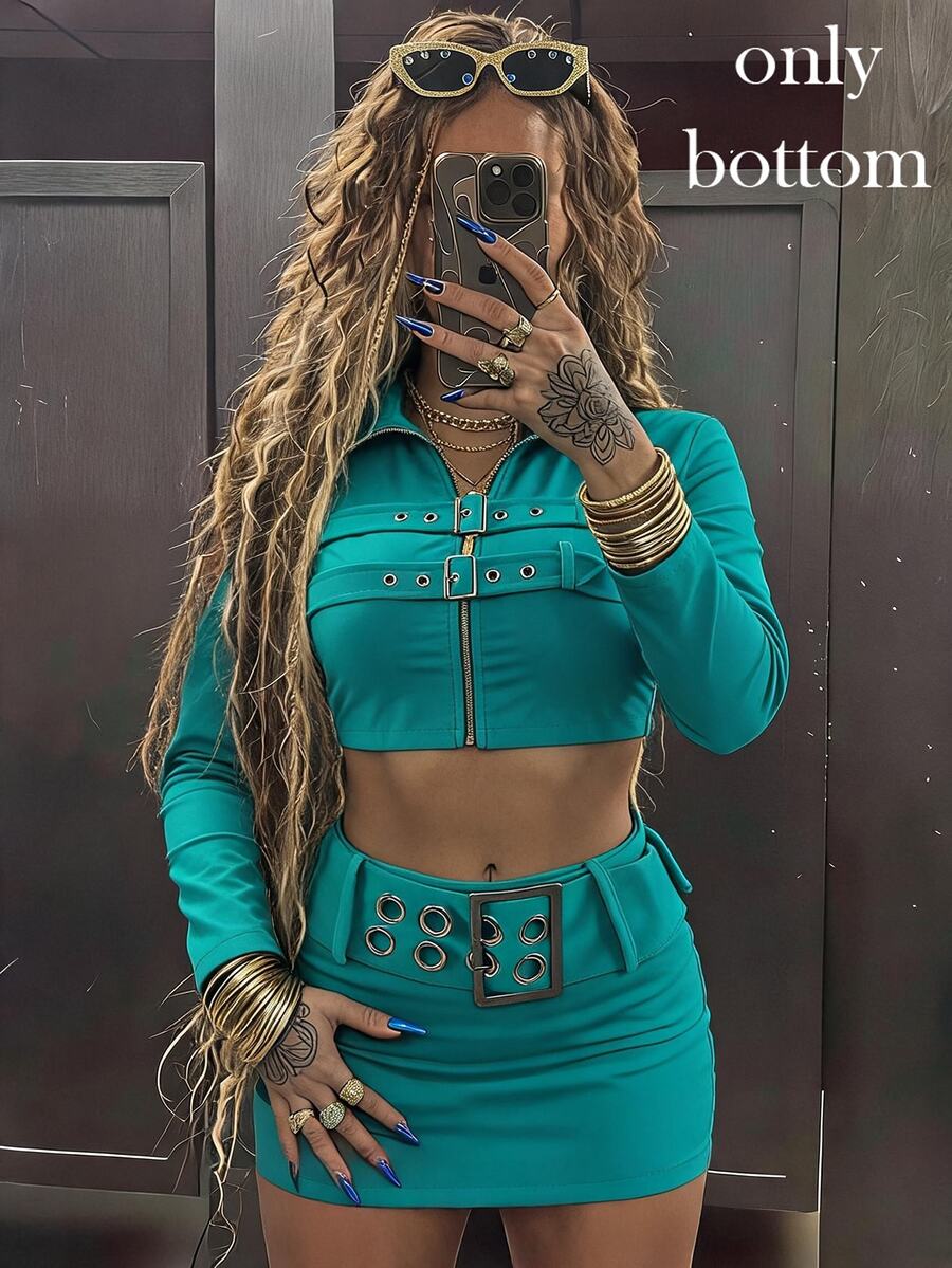 Amplova Women's Ultra Low Waist Velvet Mini Skirt With Eyelet And Buckle Clubbing Night Teal Summer Sexy - Blue - View 1