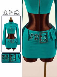 Amplova Women's Ultra Low Waist Velvet Mini Skirt With Eyelet And Buckle Clubbing Night Teal Summer Sexy - Blue - View 2