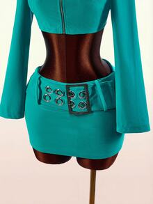 Amplova Women's Ultra Low Waist Velvet Mini Skirt With Eyelet And Buckle Clubbing Night Teal Summer Sexy - Blue - View 3