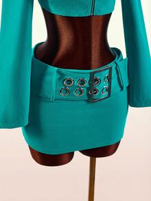 Amplova Women's Ultra Low Waist Velvet Mini Skirt With Eyelet And Buckle Clubbing Night Teal Summer Sexy - Blue - View 4