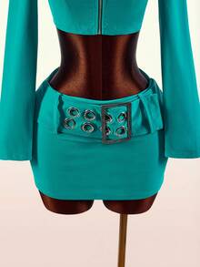 Amplova Women's Ultra Low Waist Velvet Mini Skirt With Eyelet And Buckle Clubbing Night Teal Summer Sexy - Blue - View 12