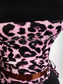 Amplova Leopard Print Rhinestone Flare Pants Tight Bodycon Women's Tube Top Y2K 2 Pieces Set - Black - View 5