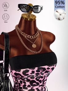 Amplova Leopard Print Rhinestone Flare Pants Tight Bodycon Women's Tube Top Y2K 2 Pieces Set - Black - View 7