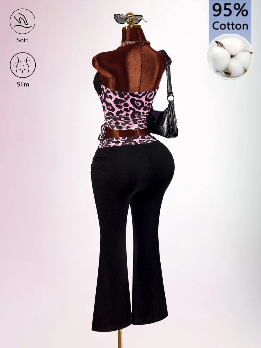 Amplova Leopard Print Rhinestone Flare Pants Tight Bodycon Women's Tube Top Y2K 2 Pieces Set - Black - View 1