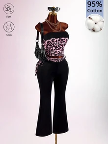 Amplova Leopard Print Rhinestone Flare Pants Tight Bodycon Women's Tube Top Y2K 2 Pieces Set - Black - View 4