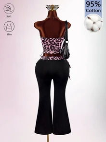 Amplova Leopard Print Rhinestone Flare Pants Tight Bodycon Women's Tube Top Y2K 2 Pieces Set - Black - View 9