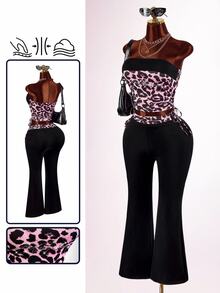 Amplova Leopard Print Rhinestone Flare Pants Tight Bodycon Women's Tube Top Y2K 2 Pieces Set - Black - View 2