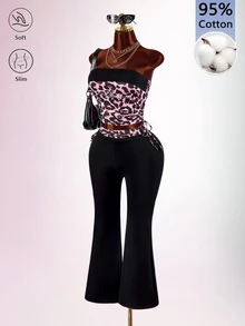 Amplova Leopard Print Rhinestone Flare Pants Tight Bodycon Women's Tube Top Y2K 2 Pieces Set - Black - View 10