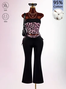 Amplova Leopard Print Rhinestone Flare Pants Tight Bodycon Women's Tube Top Y2K 2 Pieces Set - Black - View 3