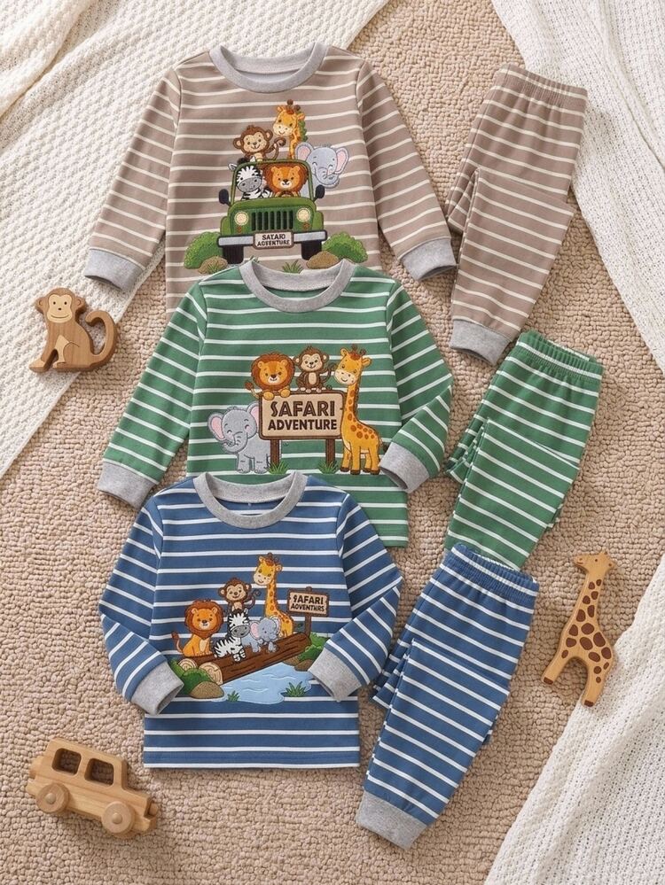 SHEIN Baby Boy Baby Girl Snug Fit Autumn/Winter Cute Animal Pattern Ribbed Crew Neck Long Sleeve Top + Striped Pajama Pants, Soft Comfortable Snug Fit Sleepwear Loungewear Set 2pcs, Christmas, New Year, Pajama - Green - View 7
