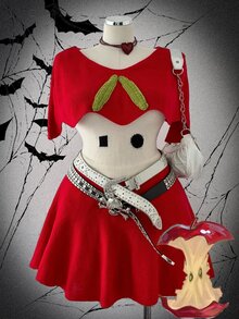 Sunspun Plus Size Women's Slimming Hand-Crocheted Leaf Sweet Cartoon Vintage Apple Fruit Pattern Knit Dress, Versatile Daily Outing Commute/Home Wear Youthful Style Solid Color Contrast Knit Dress, Suitable For Fruit Theme Cosplay/Halloween Outfit Cartoon Apple Pattern Knit Dress - Red - View 9