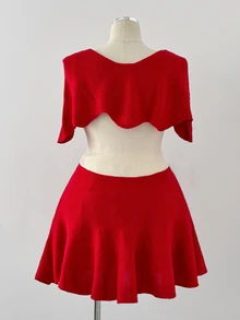 Sunspun Plus Size Women's Slimming Hand-Crocheted Leaf Sweet Cartoon Vintage Apple Fruit Pattern Knit Dress, Versatile Daily Outing Commute/Home Wear Youthful Style Solid Color Contrast Knit Dress, Suitable For Fruit Theme Cosplay/Halloween Outfit Cartoon Apple Pattern Knit Dress - Red - View 2