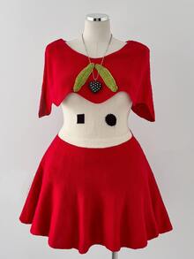 Sunspun Plus Size Women's Slimming Hand-Crocheted Leaf Sweet Cartoon Vintage Apple Fruit Pattern Knit Dress, Versatile Daily Outing Commute/Home Wear Youthful Style Solid Color Contrast Knit Dress, Suitable For Fruit Theme Cosplay/Halloween Outfit Cartoon Apple Pattern Knit Dress - Red - View 6