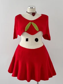 Sunspun Plus Size Women's Slimming Hand-Crocheted Leaf Sweet Cartoon Vintage Apple Fruit Pattern Knit Dress, Versatile Daily Outing Commute/Home Wear Youthful Style Solid Color Contrast Knit Dress, Suitable For Fruit Theme Cosplay/Halloween Outfit Cartoon Apple Pattern Knit Dress - Red - View 4