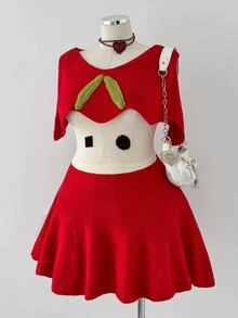 Sunspun Plus Size Women's Slimming Hand-Crocheted Leaf Sweet Cartoon Vintage Apple Fruit Pattern Knit Dress, Versatile Daily Outing Commute/Home Wear Youthful Style Solid Color Contrast Knit Dress, Suitable For Fruit Theme Cosplay/Halloween Outfit Cartoon Apple Pattern Knit Dress - Red - View 3