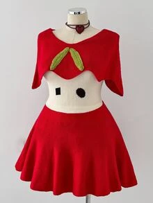 Sunspun Plus Size Women's Slimming Hand-Crocheted Leaf Sweet Cartoon Vintage Apple Fruit Pattern Knit Dress, Versatile Daily Outing Commute/Home Wear Youthful Style Solid Color Contrast Knit Dress, Suitable For Fruit Theme Cosplay/Halloween Outfit Cartoon Apple Pattern Knit Dress - Red - View 5