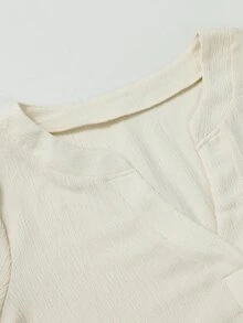 SHEIN LUNE Summer Women's Textured Crinkled Fabric Top And High-Waisted Draped Wide-Leg Pants Set, Half-Open V-Neck Ruffle 3/4 Sleeve Casual Vacation Beige - Apricot - View 6