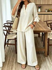SHEIN LUNE Summer Women's Textured Crinkled Fabric Top And High-Waisted Draped Wide-Leg Pants Set, Half-Open V-Neck Ruffle 3/4 Sleeve Casual Vacation Beige - Apricot - View 3