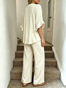 SHEIN LUNE Summer Women's Textured Crinkled Fabric Top And High-Waisted Draped Wide-Leg Pants Set, Half-Open V-Neck Ruffle 3/4 Sleeve Casual Vacation Beige - Apricot - View 2