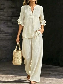 SHEIN LUNE Summer Women's Textured Crinkled Fabric Top And High-Waisted Draped Wide-Leg Pants Set, Half-Open V-Neck Ruffle 3/4 Sleeve Casual Vacation Beige - Apricot - View 5