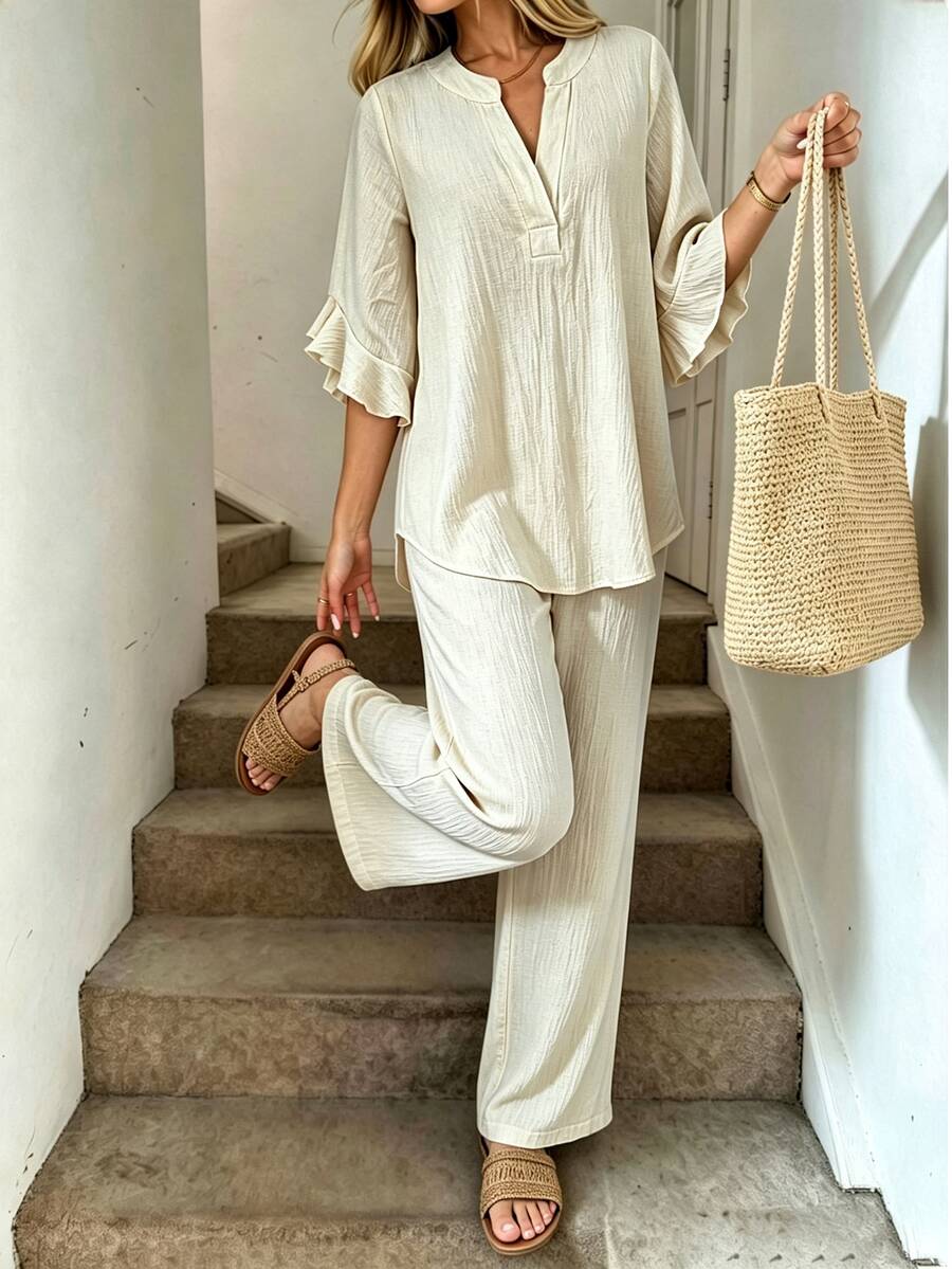SHEIN LUNE Summer Women's Textured Crinkled Fabric Top And High-Waisted Draped Wide-Leg Pants Set, Half-Open V-Neck Ruffle 3/4 Sleeve Casual Vacation Beige - Apricot - View 1